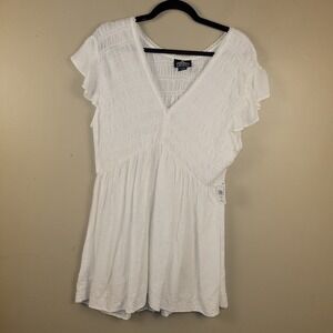 Angie White Boho Mini Dress Women 1X Swiss Dot Flutter Sleeve Smocked V Neck NWT